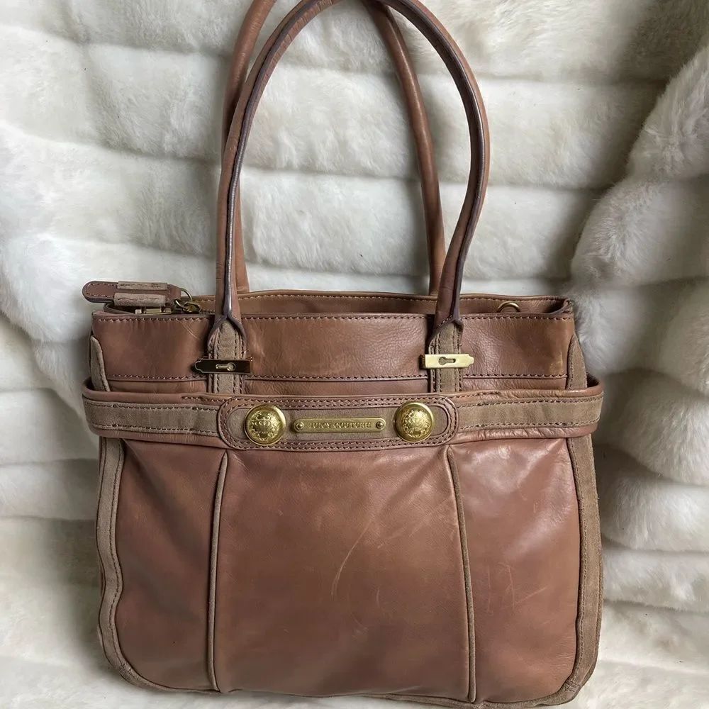 Juicy Couture leather Rose brown Satchel light brown suede trim gold tone accent